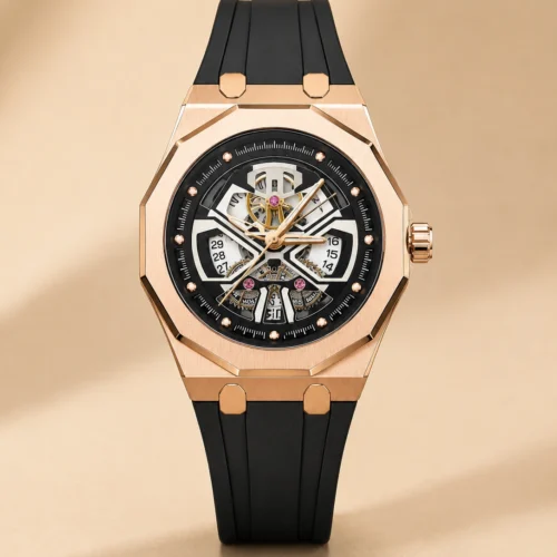 Reloj Baramon skeleton negro y dorado con correa negra