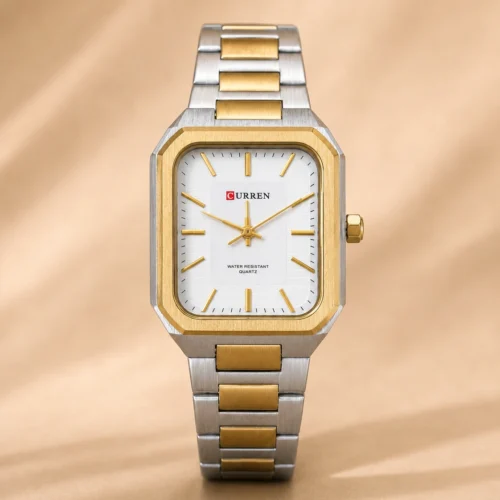 Reloj Curren 8457 bicolor con esfera blanca y correa de acero dorada y plateada