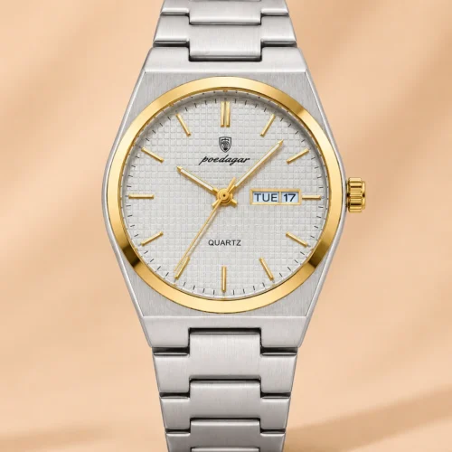 Reloj POEDAGAR 821 blanco dorado con esfera blanca texturizada y correa de acero plateada