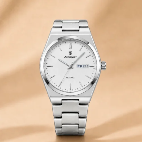 Reloj POEDAGAR 930 plateado con esfera blanca y correa de acero plateada