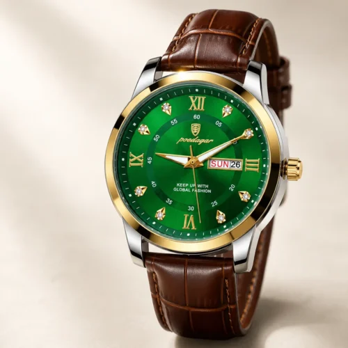 Reloj POEDAGAR 936 verde con correa marrón y detalles dorados