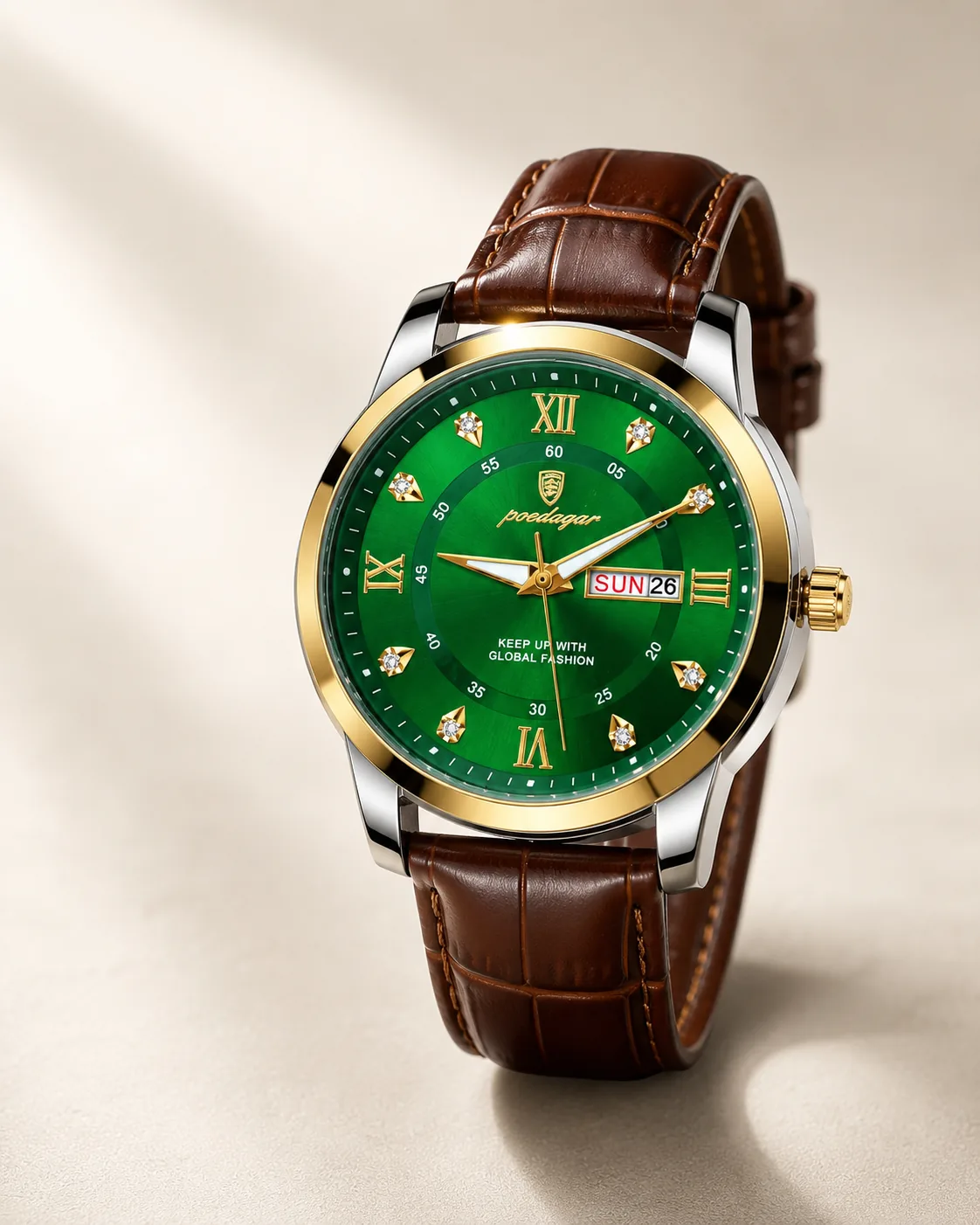 Reloj POEDAGAR 936 verde con correa marrón y detalles dorados