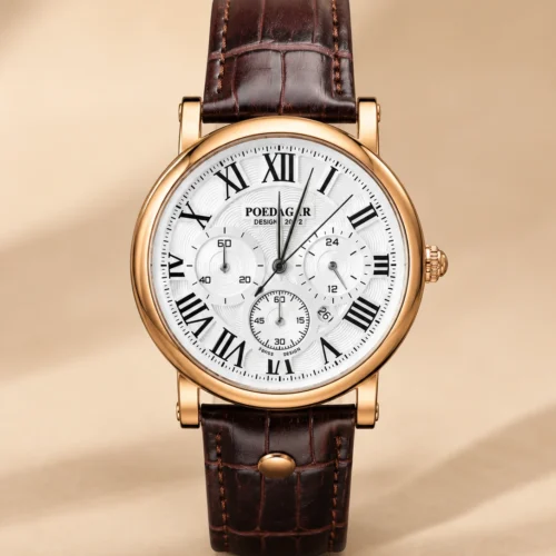 Reloj POEDAGAR P986 con esfera blanca, correa marrón y caja dorada