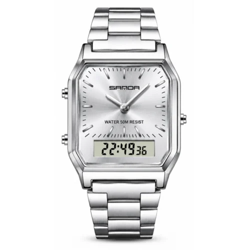 Reloj SANDA 747 plateado blanco con correa metálica y doble visualización analógica digital