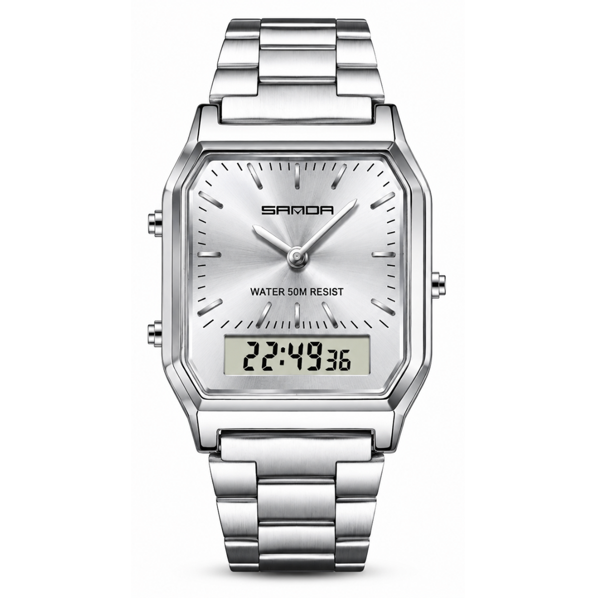 Reloj SANDA 747 plateado blanco con correa metálica y doble visualización analógica digital