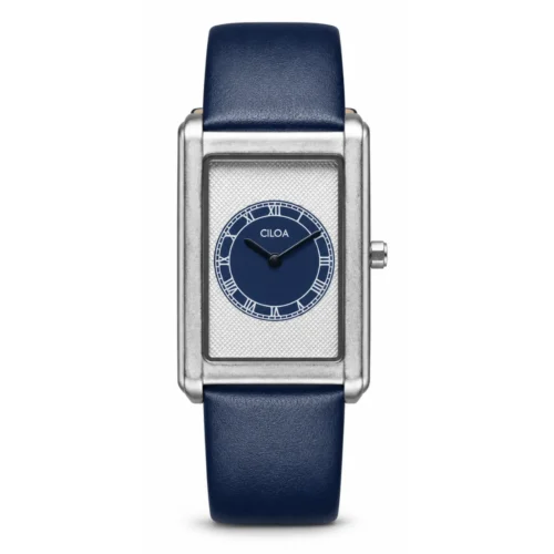 Reloj CILOA 516BLUE azul plateado blanco con correa tipo cuero y caja rectangular