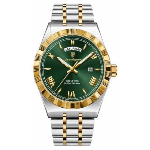 Reloj POEDAGAR 675B plateado dorado verde con correa metálica bicolor
