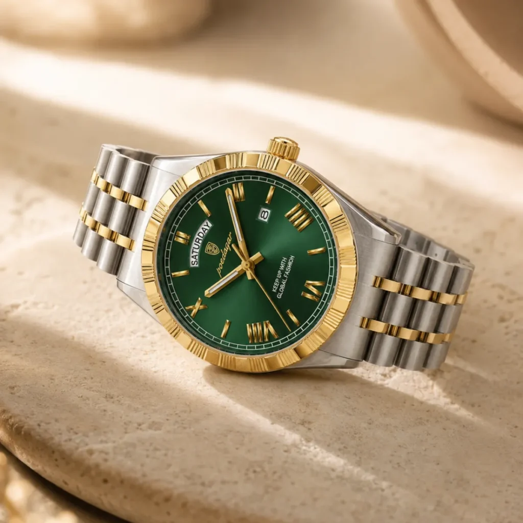 Reloj POEDAGAR 675B verde y dorado sobre superficie clara con estilo elegante
