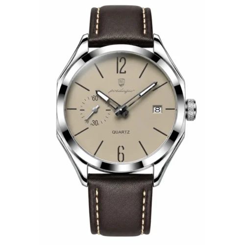 Reloj POEDAGAR 689B cafe plateado beige con correa tipo cuero y función de fecha