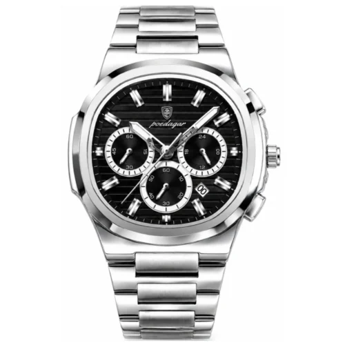 Reloj POEDAGAR 834B plateado negro con correa metálica y cronógrafo
