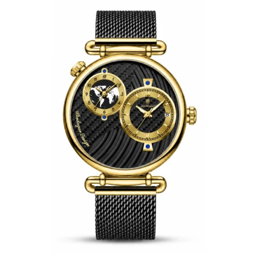 Reloj POEDAGAR 848B negro dorado negro con doble horario y correa metálica tipo malla