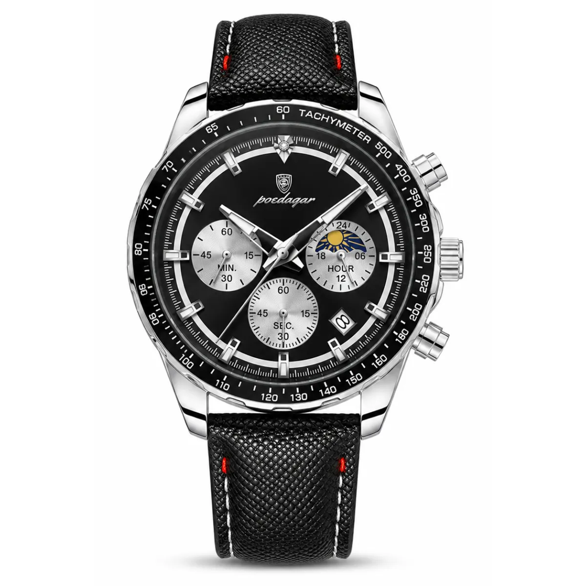 Reloj POEDAGAR 879B negro plateado negro con correa negra y estilo cronógrafo