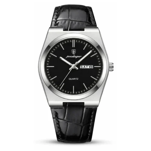 Reloj POEDAGAR 930 Cuero negro plateado negro con correa tipo cuero, día y fecha