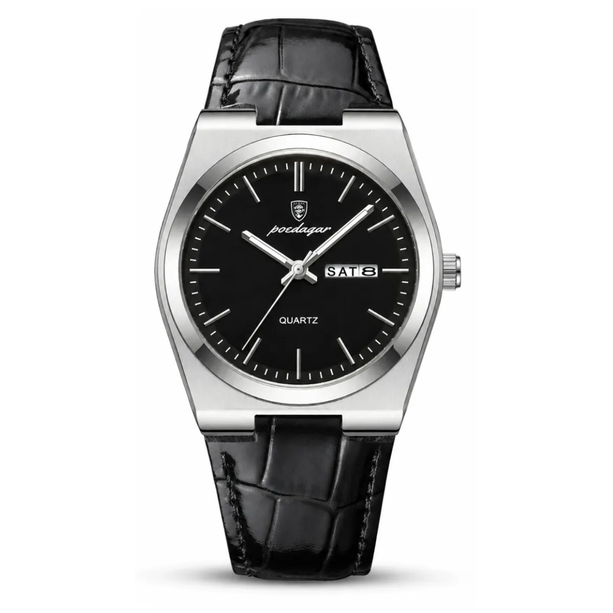 Reloj POEDAGAR 930 Cuero negro plateado negro con correa tipo cuero, día y fecha