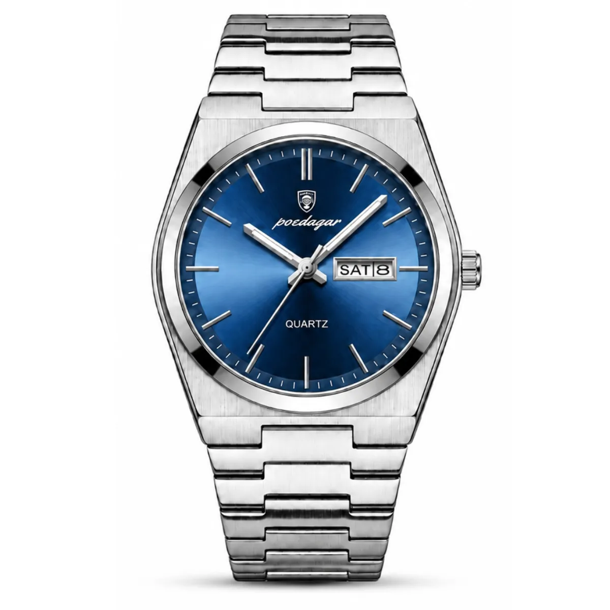 Reloj POEDAGAR 930 plateado azul con correa metálica, día y fecha