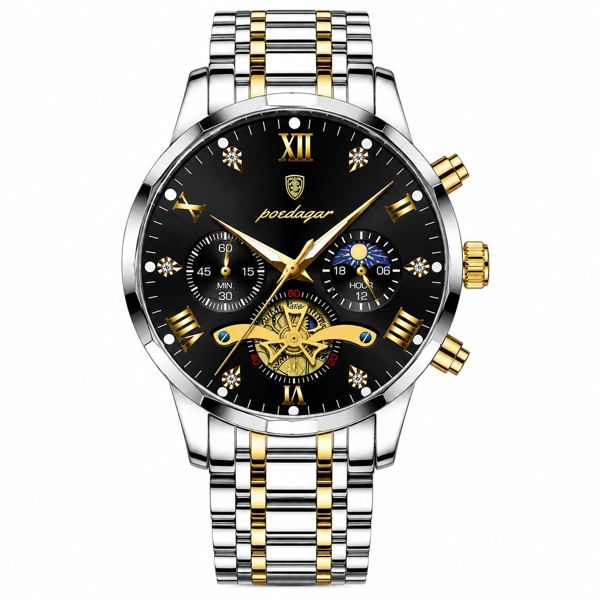 Reloj POEDAGAR 938B plateado negro con correa metálica y diseño de cuarzo
