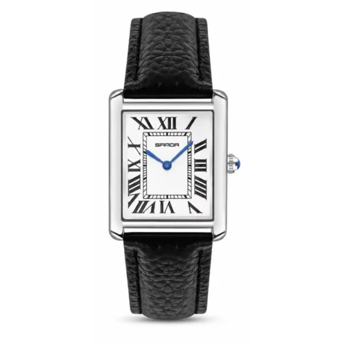Reloj SANDA 1108 negro plateado blanco con correa tipo cuero y caja rectangular