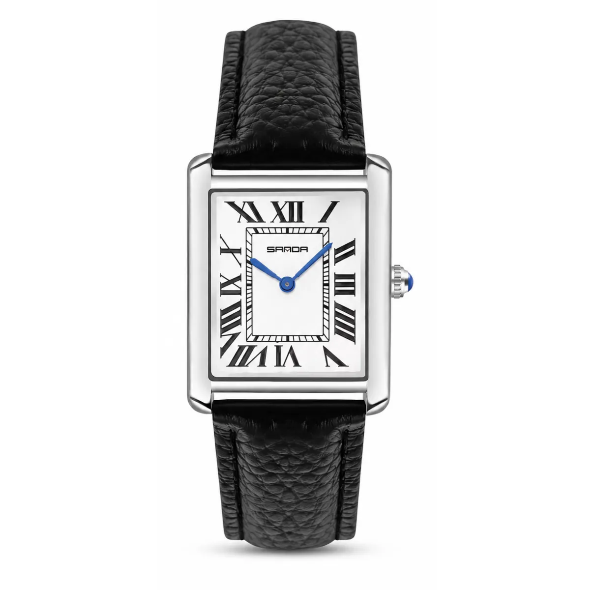 Reloj SANDA 1108 negro plateado blanco con correa tipo cuero y caja rectangular